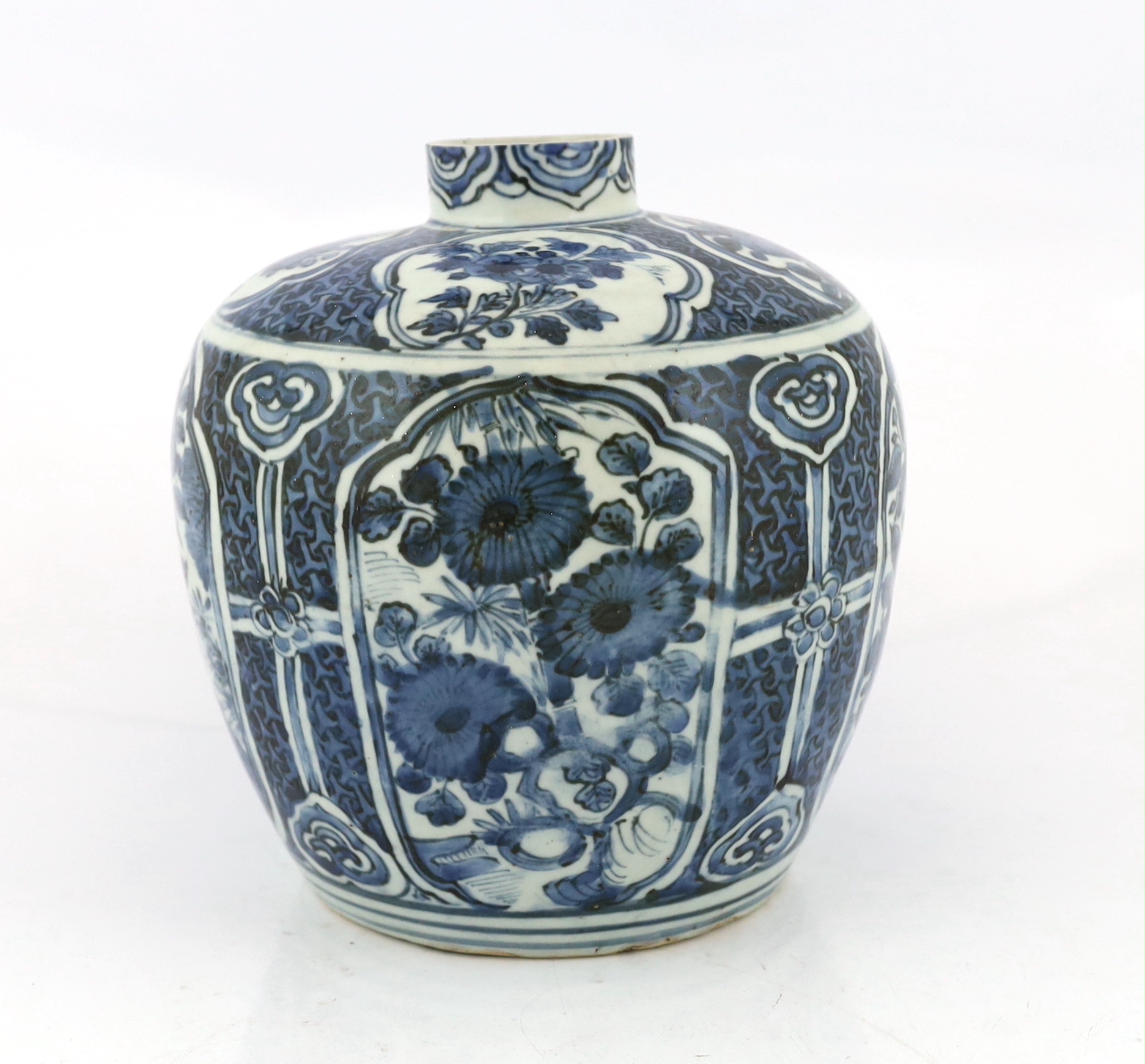 A Chinese late Ming blue and white jar, Wanli period, neck reduced